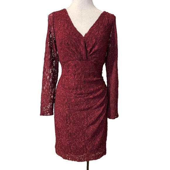 Ralph Lauren Dress 14 Burgundy Lace Sheath Long Sleeve Career Church Party - Picture 2 of 10